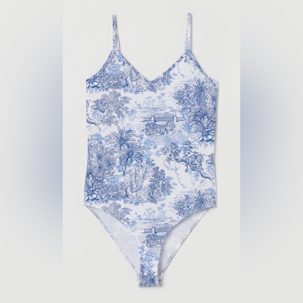 H&M Blue and White Jungle Print V Neck Cotton Bodysuit with snap closure. Small - Picture 2 of 8